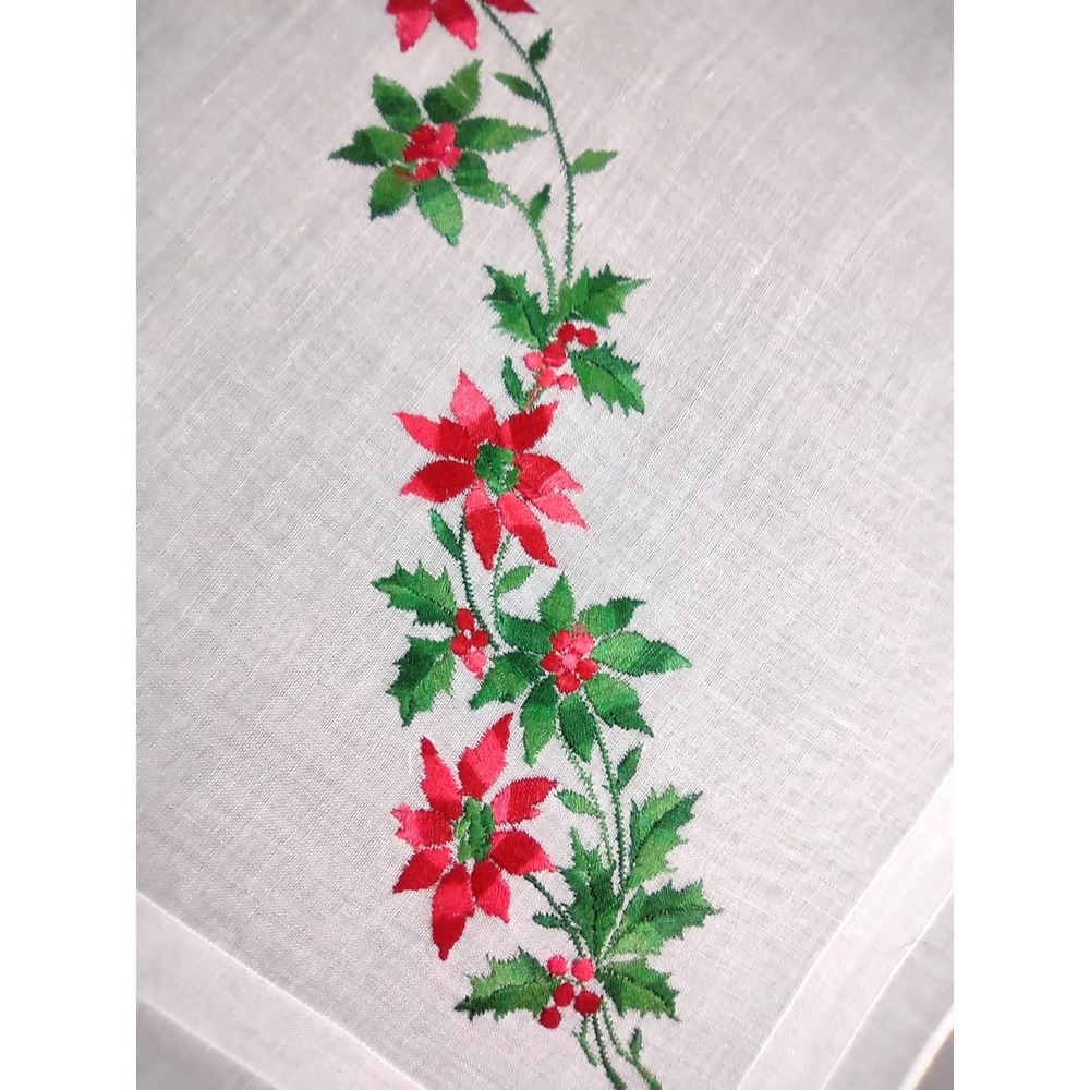 Vtg Christmas Handkerchief 12x12.25 Embroidered Red Poinsettia Holly Berries - Picture 3 of 3